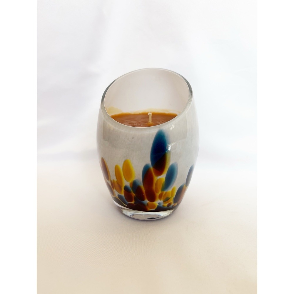 Hand Blown Glass Art Vase Candle Holder 5" Multicolored White Blue Brown Yellow